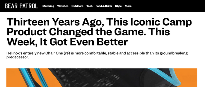 A headline announcing an improved version of the Helinox Chair One.